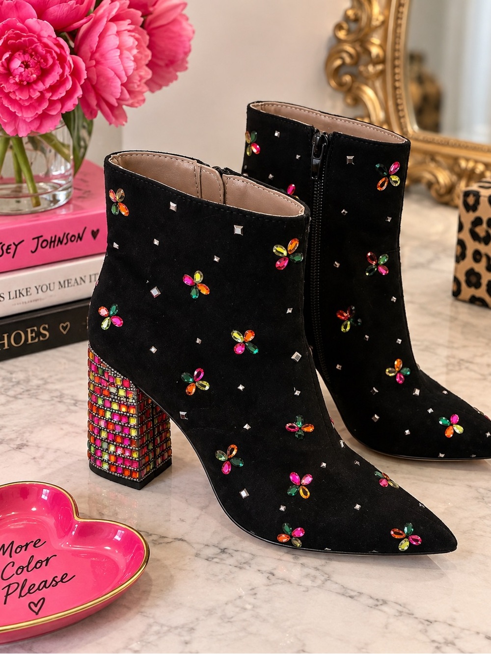 Betsey Johnson Black Suede Ankle Boots with Multicolor Gem Embellishments